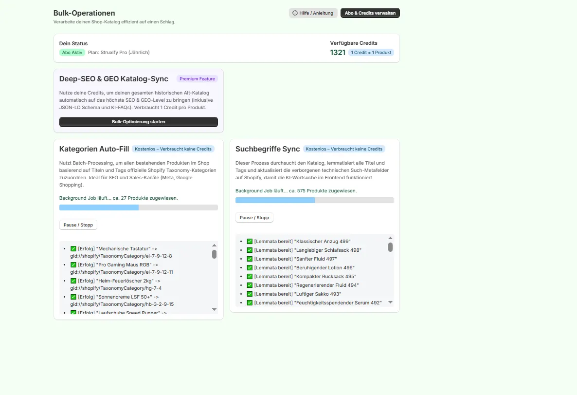 Bulk-Operationen: Deep-SEO & GEO Katalog-Sync, Kategorien Auto-Fill und Suchbegriffe Sync mit laufenden Hintergrund-Jobs