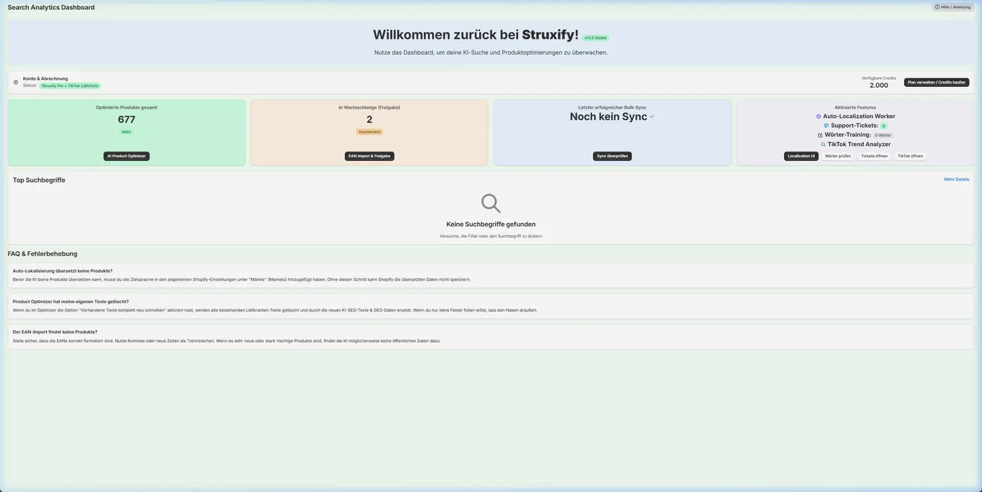 Struxify Dashboard im Shopify-Admin: optimierte Produkte, Credits, Top-Suchbegriffe und Auto-Localization-Status