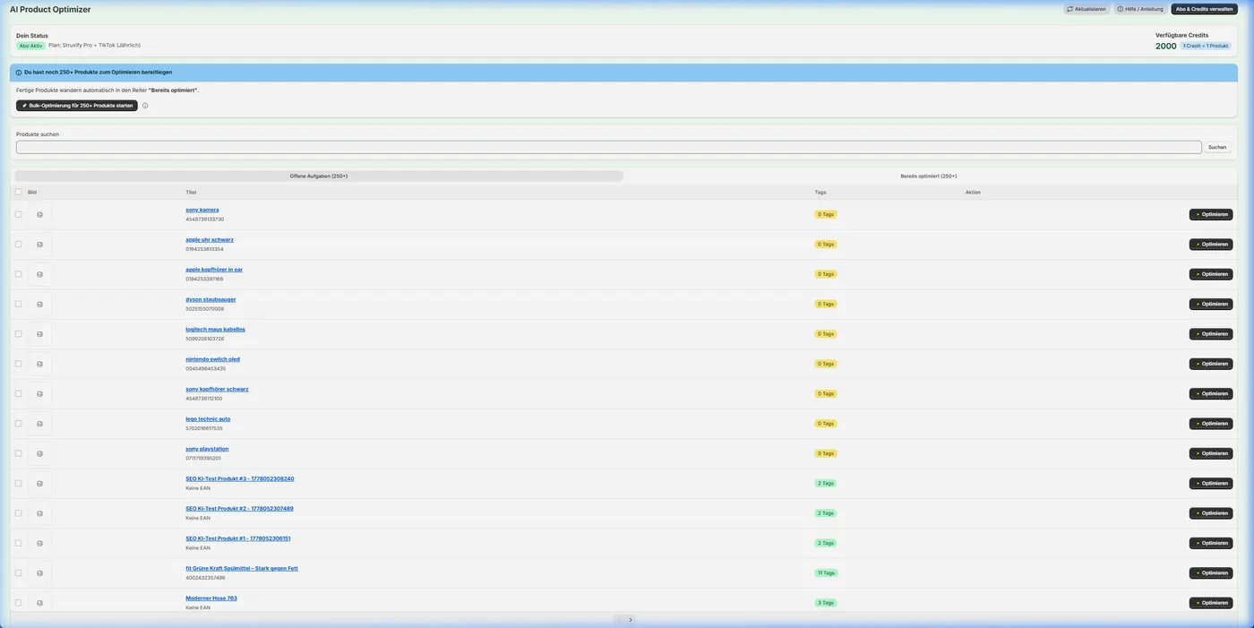 AI Product Optimizer: Produktliste mit Optimieren-Buttons und verfügbaren Credits